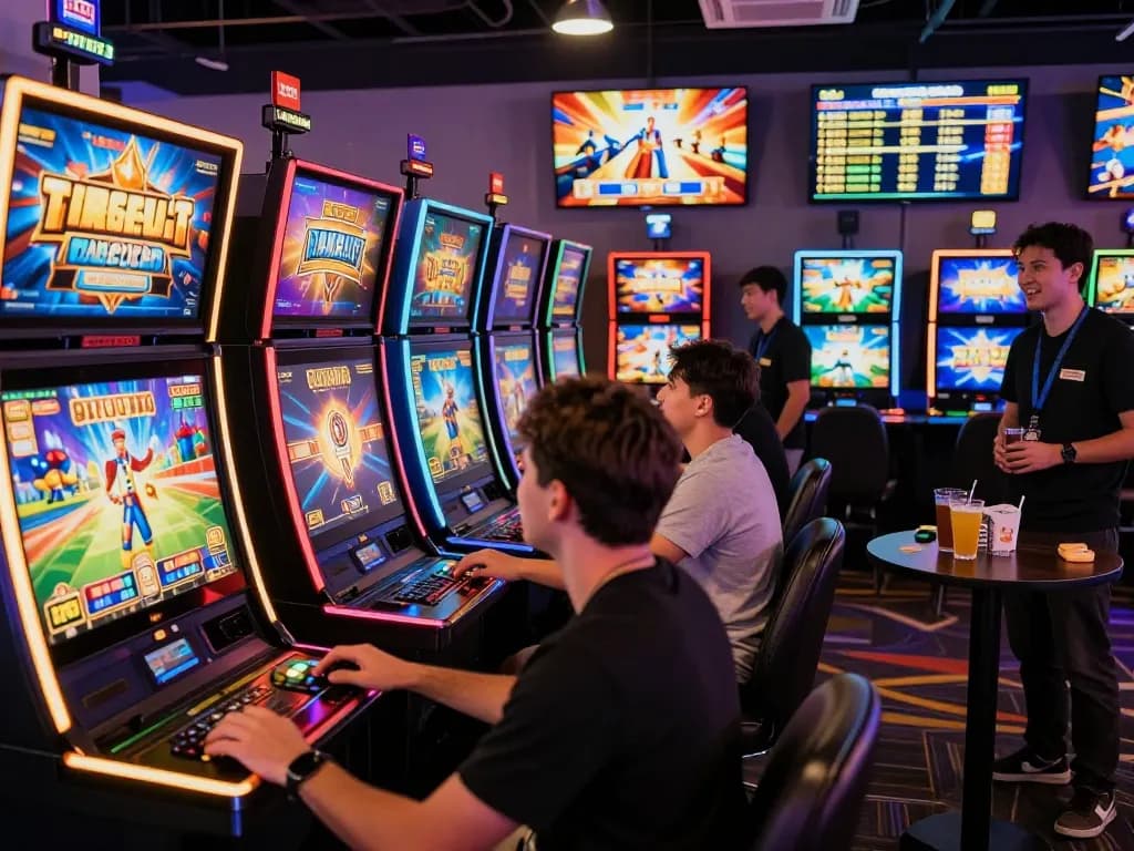 Exciting slot gacor gaming scene with players enjoying vibrant machines in a lively atmosphere.