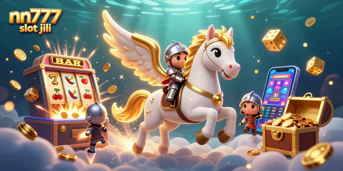 Play nn777 slot jili with a celestial horse and knight amidst a jackpot explosion.