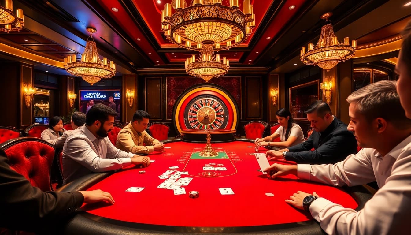 Engaging players at a high-stakes poker table and roulette wheel, featuring https://lc88.art/ betting excitement.