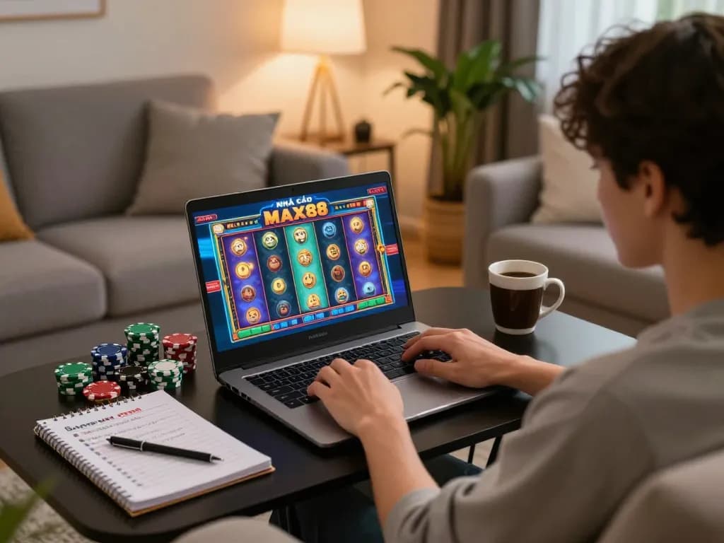 Player engaging in gambling at NHÀ CÁI MAX88 from home, enjoying a colorful slot game.