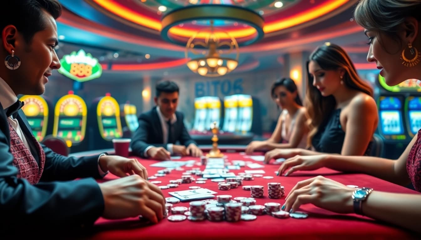 Players enjoying a high-stakes poker game at HB88 casino tables with vibrant ambiance.