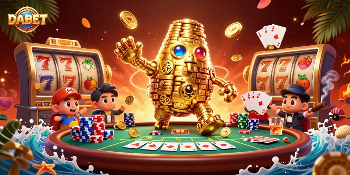 DABET features a golden golem and slot machines in an exciting casino scene, showcasing dynamic gaming elements.
