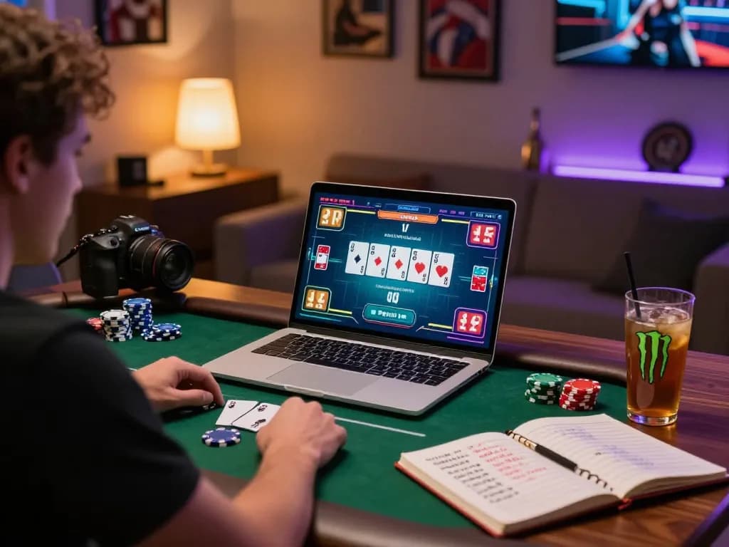 Player engaging in online poker with ATQ while analyzing strategies and enjoying a cozy atmosphere.
