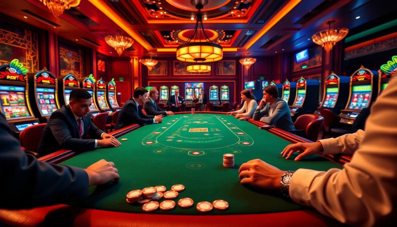 The lively atmosphere at https://68vip.bio/ featuring elegant poker players at a luxury casino table.