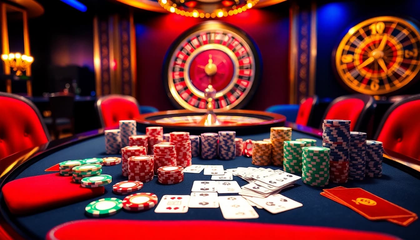 Engaging scene of players at a high-stakes game featuring NK88 poker chips and roulette.