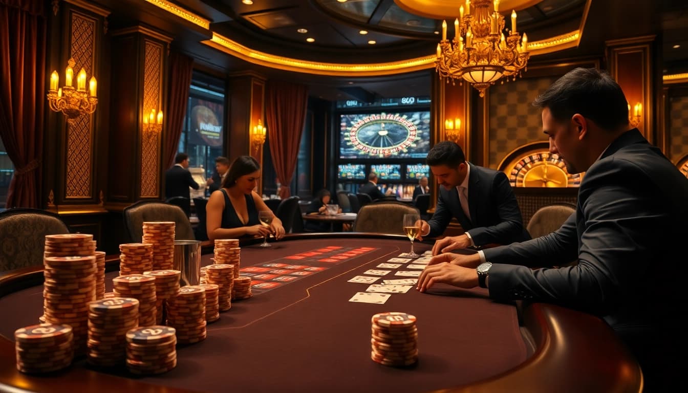 Engaging poker gameplay at a rich casino featuring 888new elements, surrounded by luxury and excitement.