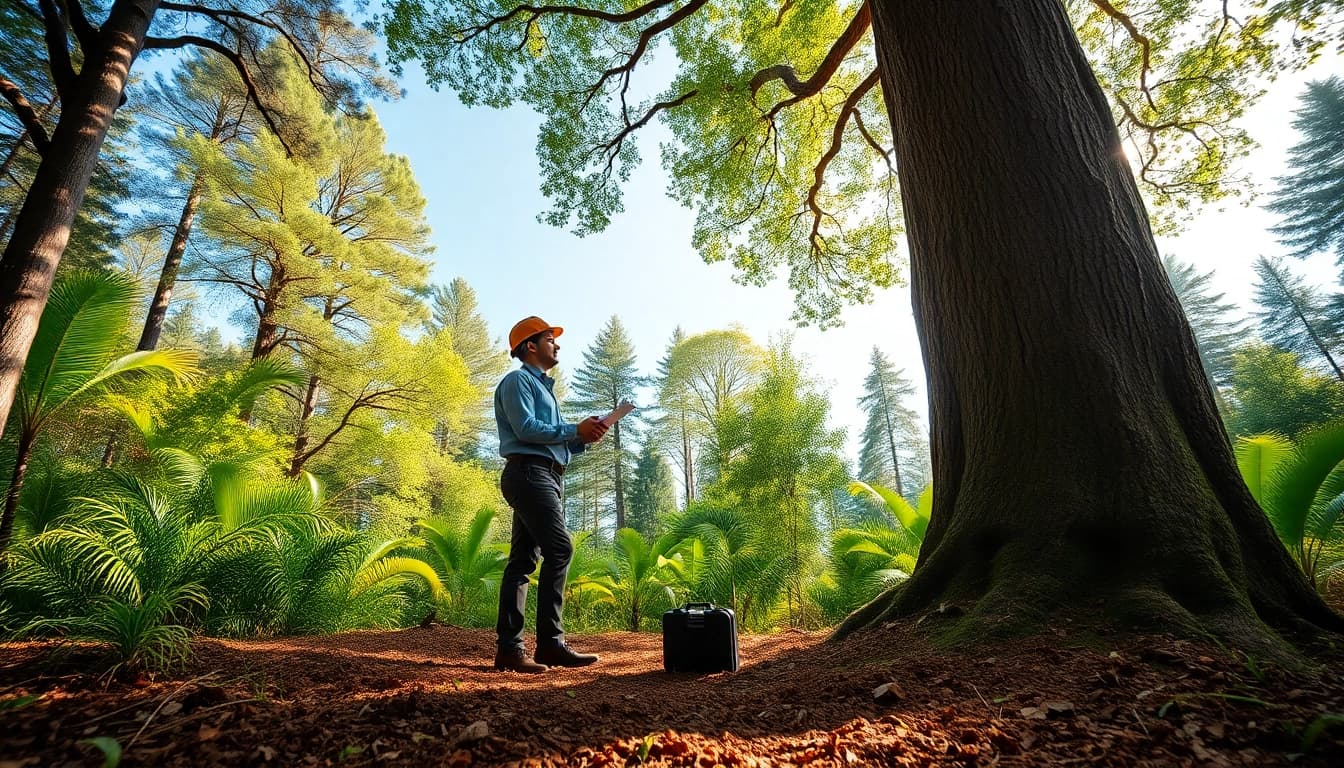 Arborist from Black Mountain Tree Consultancy engaging with a healthy tree in a vibrant forest.