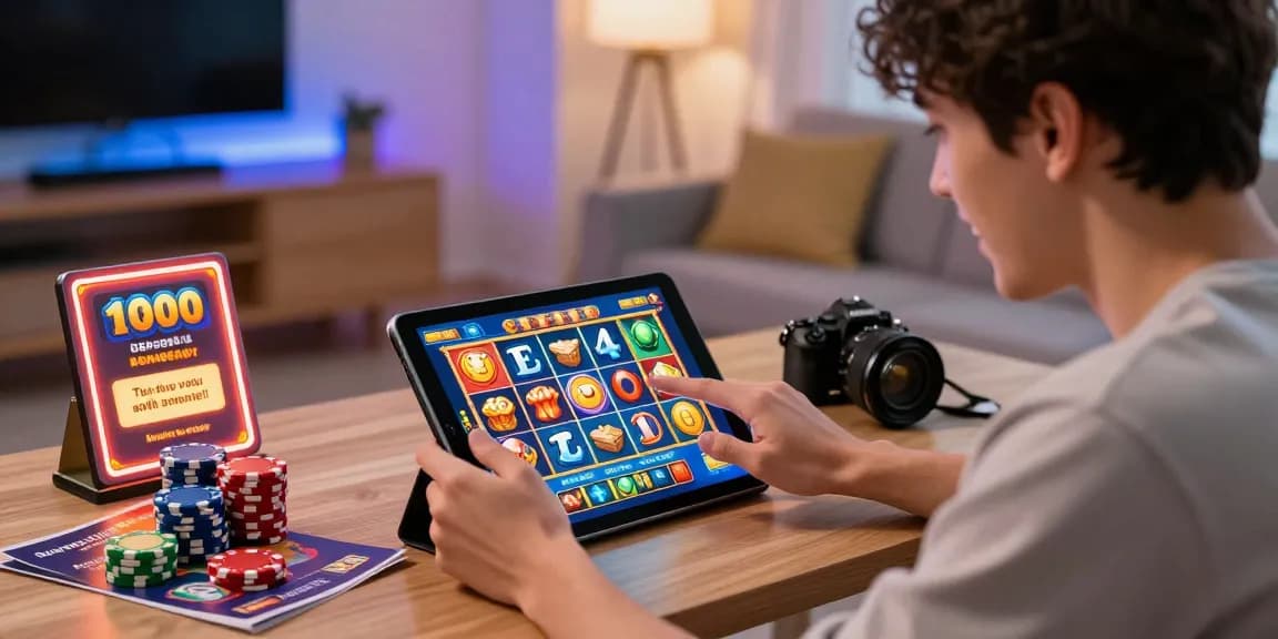 A player enjoying a slot deposit 1000 game on a tablet, surrounded by gaming props and a vibrant atmosphere.