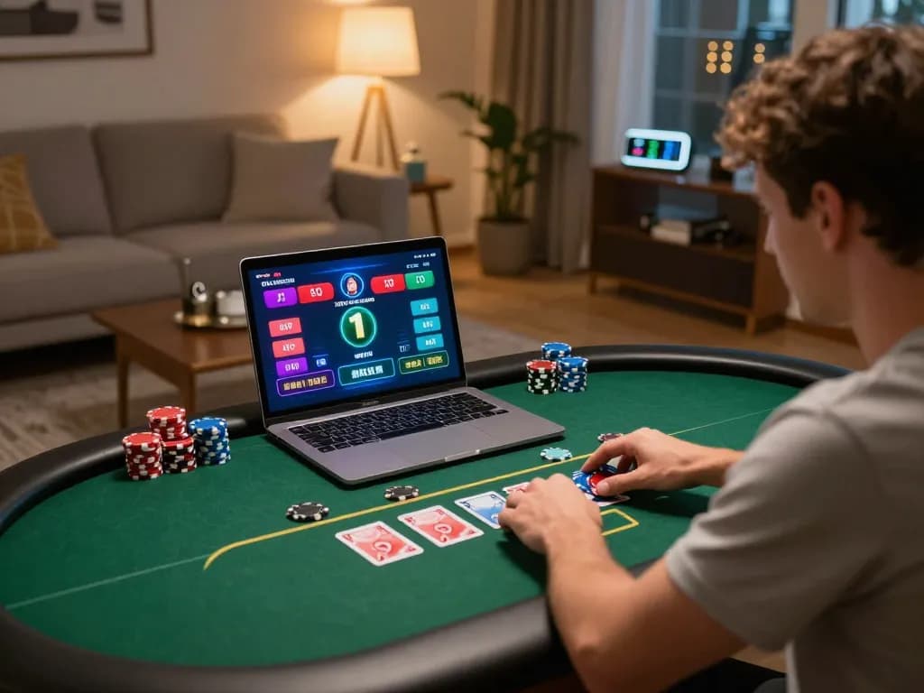 Engaged player navigating online gaming interface at home with 789winii