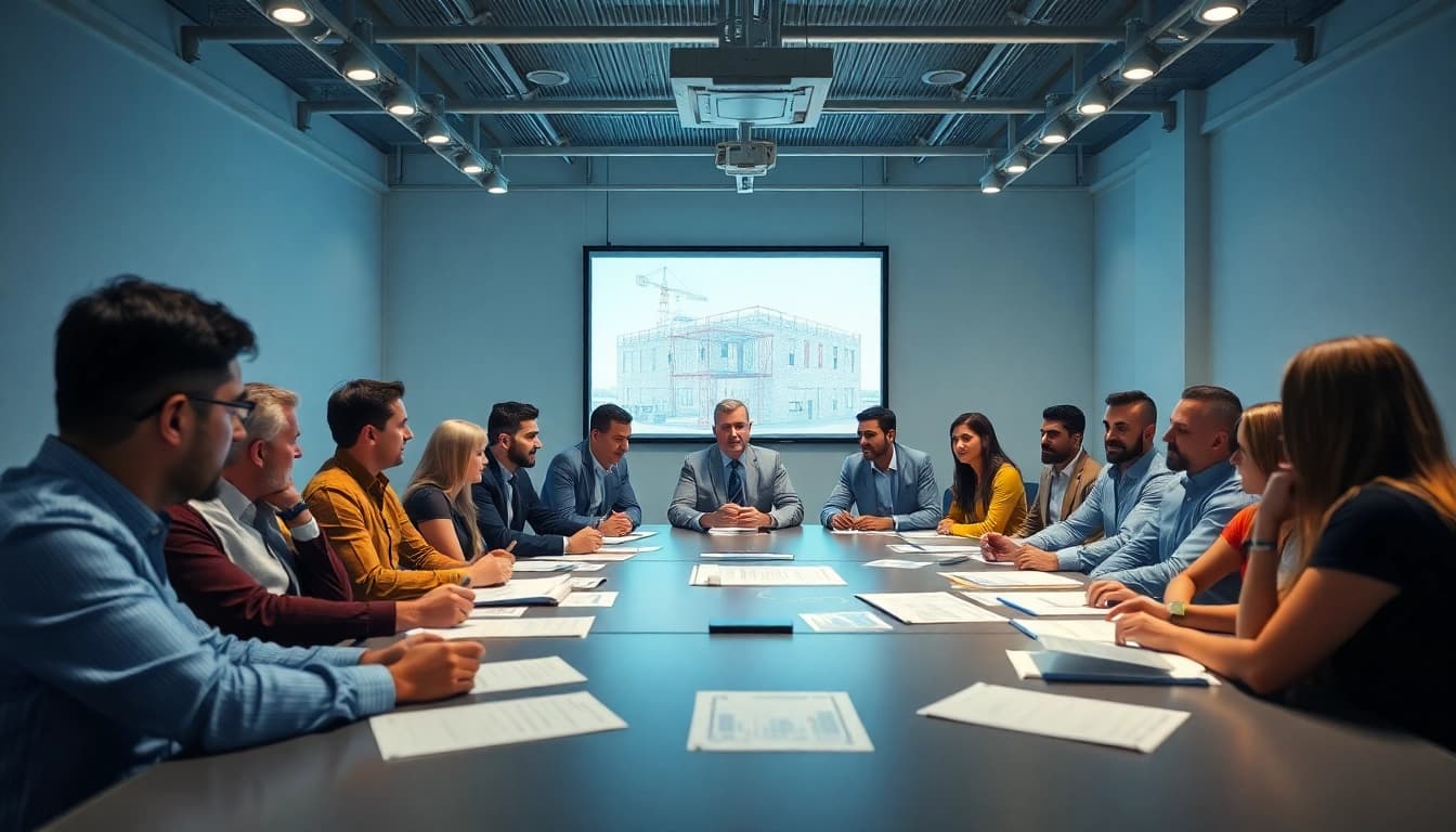 Engaged members of a construction association collaborating on innovative projects.