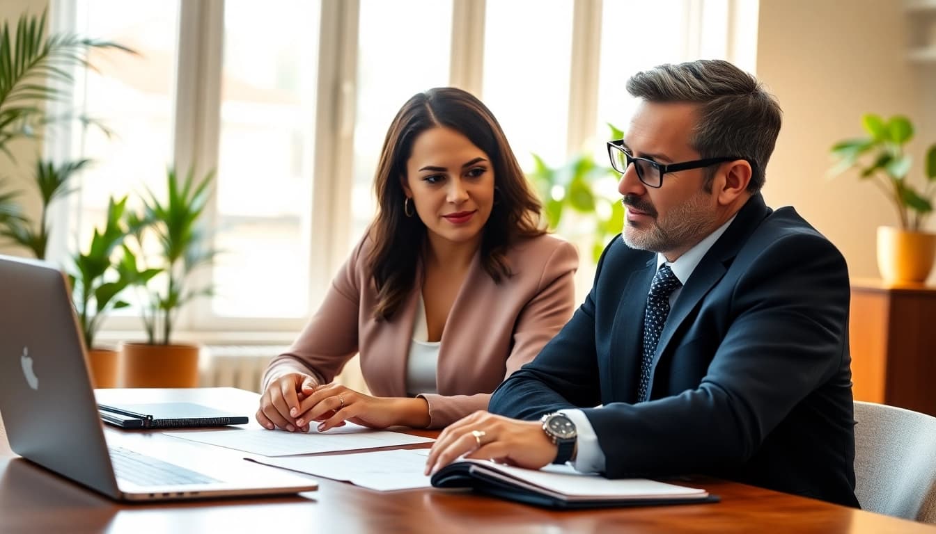 Couple engaged in discussion about Family Law Financial Agreements in a professional office setting.