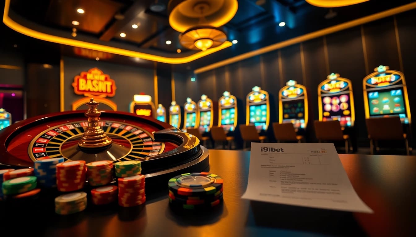 Experience the thrill of i9bet with vibrant casino elements like roulette, poker chips, and slot machines.