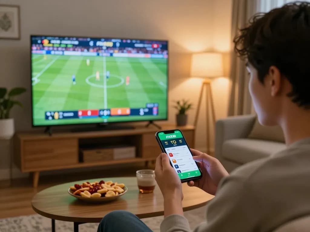 Player placing strategic bets on the FIVE88 app while enjoying a live sports game at home.