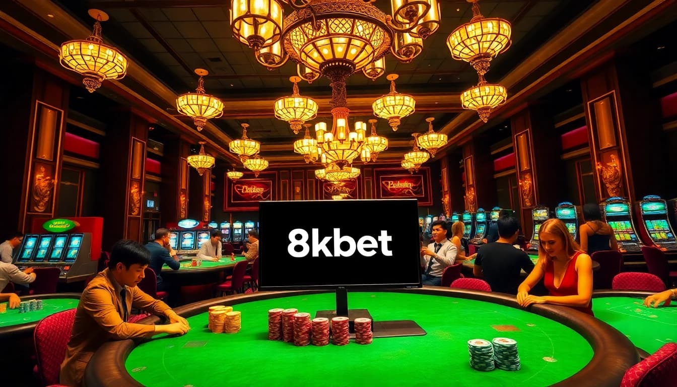 Exciting scene of players at luxurious poker tables and slot machines, focusing on đăng nhập 8kbet.