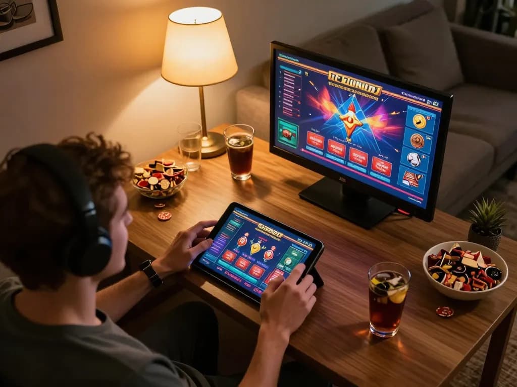 Person enjoying online gaming experience on Betbet tablet while snacking in a cozy living room