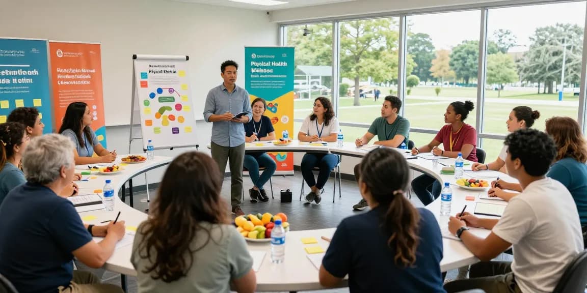 Community health workshop at https://factors.org.uk with diverse participants engaging in health discussions and activities.