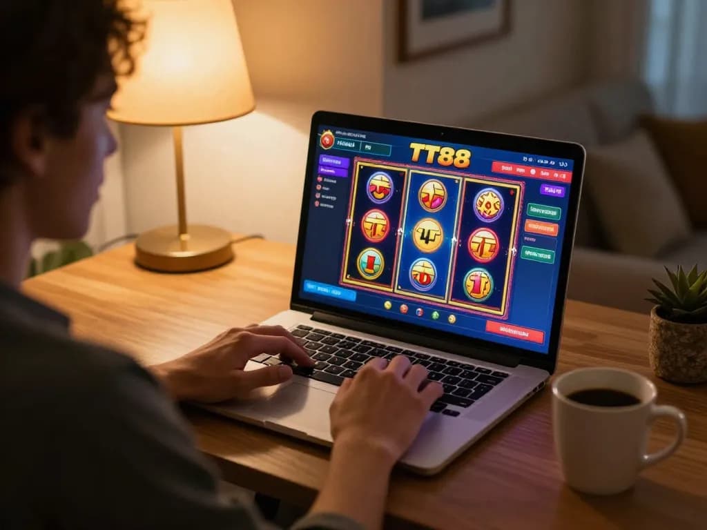 Engaging with TT88 online slot games from a cozy home gaming setup