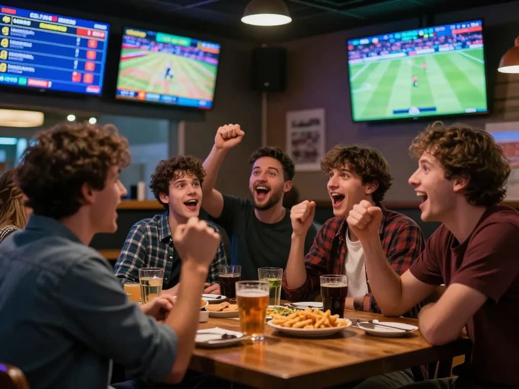 Engaged sports betting with rr 88 at a lively bar, showcasing excitement and camaraderie.
