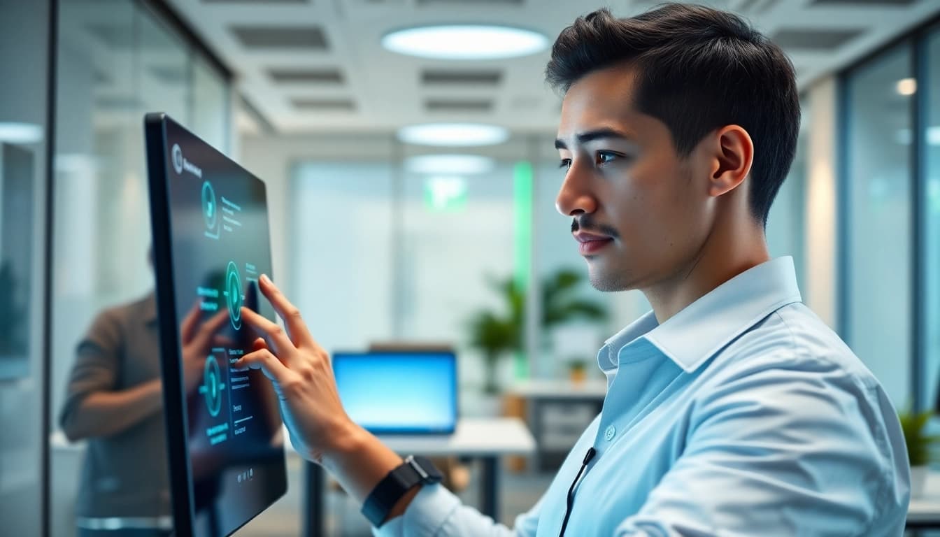 Engaging interaction with the 1cplatform's digital interface in a modern office setting.