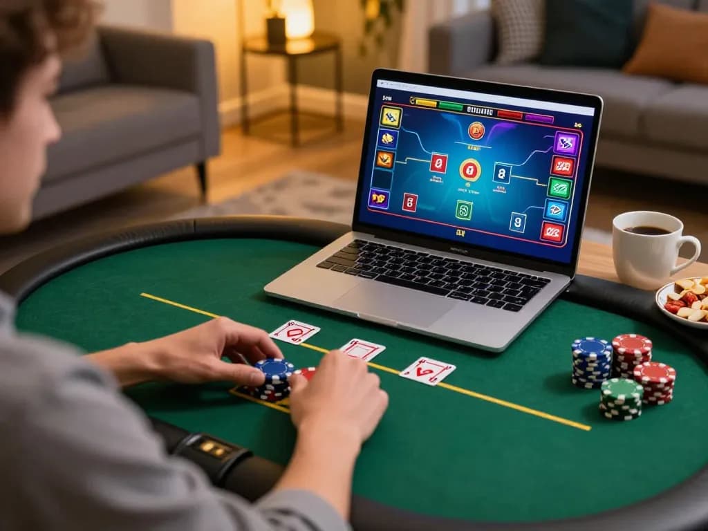 Engaging moment of NHÀ CÁI FABET online poker game, showcasing a player strategizing with chips and laptop in a cozy setting