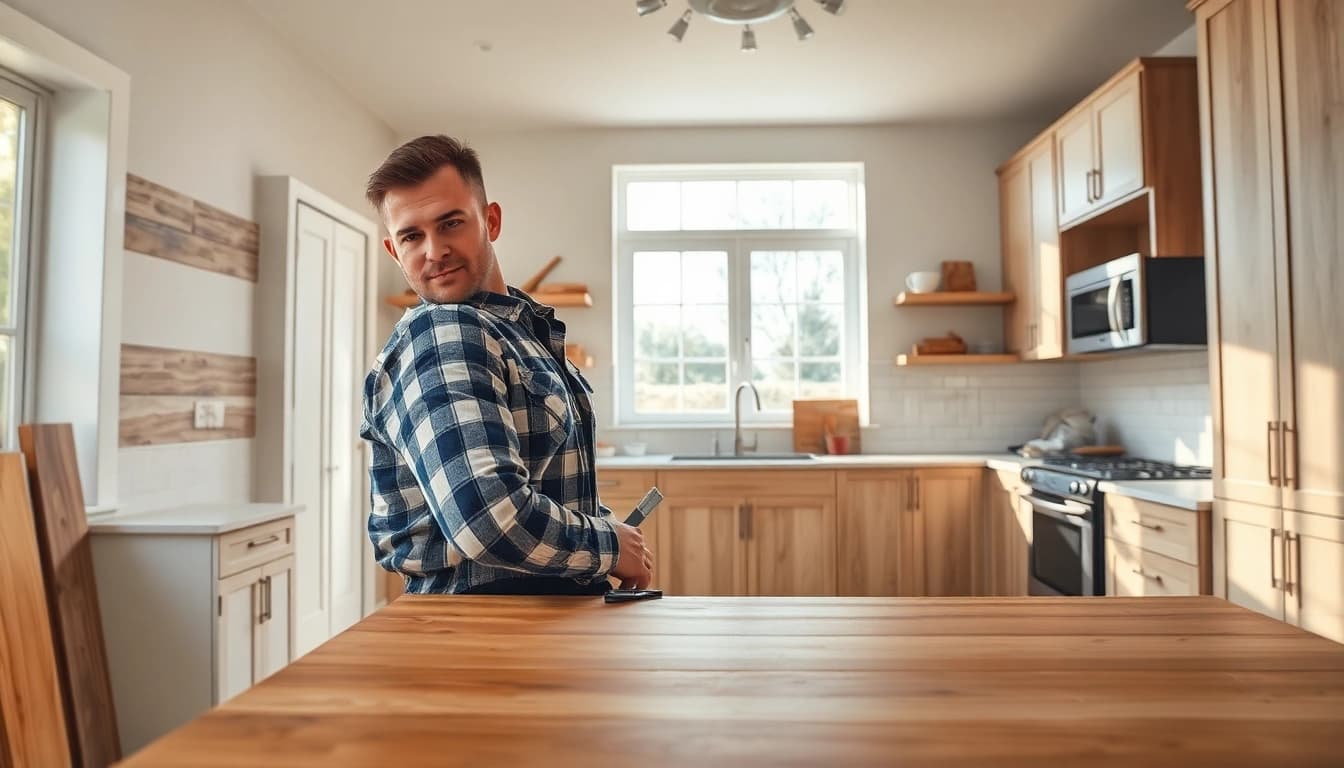 Showcase of a professional home renovation featuring a contractor in a remodeled kitchen with modern finishes.