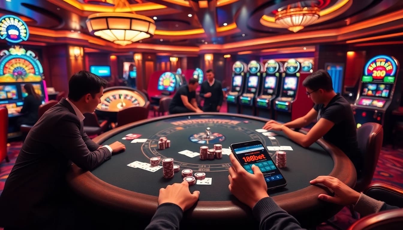 Exciting gambling atmosphere at 188bet with poker tables, roulette, and mobile betting.