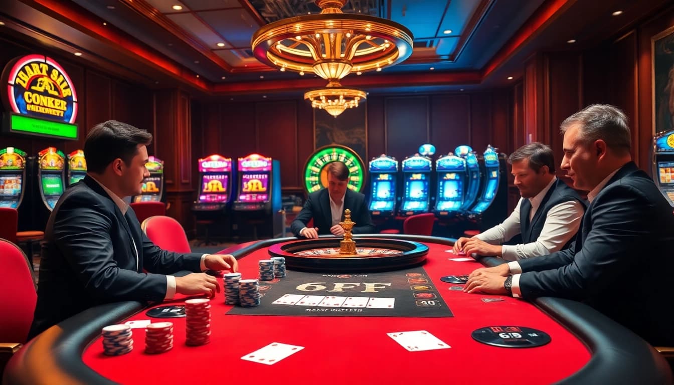 Players strategize at a luxurious 6FF poker table, surrounded by vibrant casino decor and exciting gaming atmosphere.