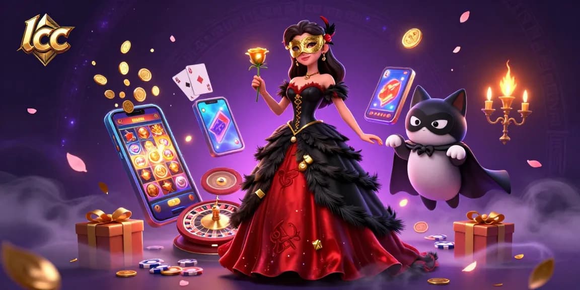 Libatkan diri dengan aksi permainan mendebarkan lcc melalui ilustrasi 3D yang ceria seorang wanita dalam gaun glamor, dikelilingi oleh elemen kasino.