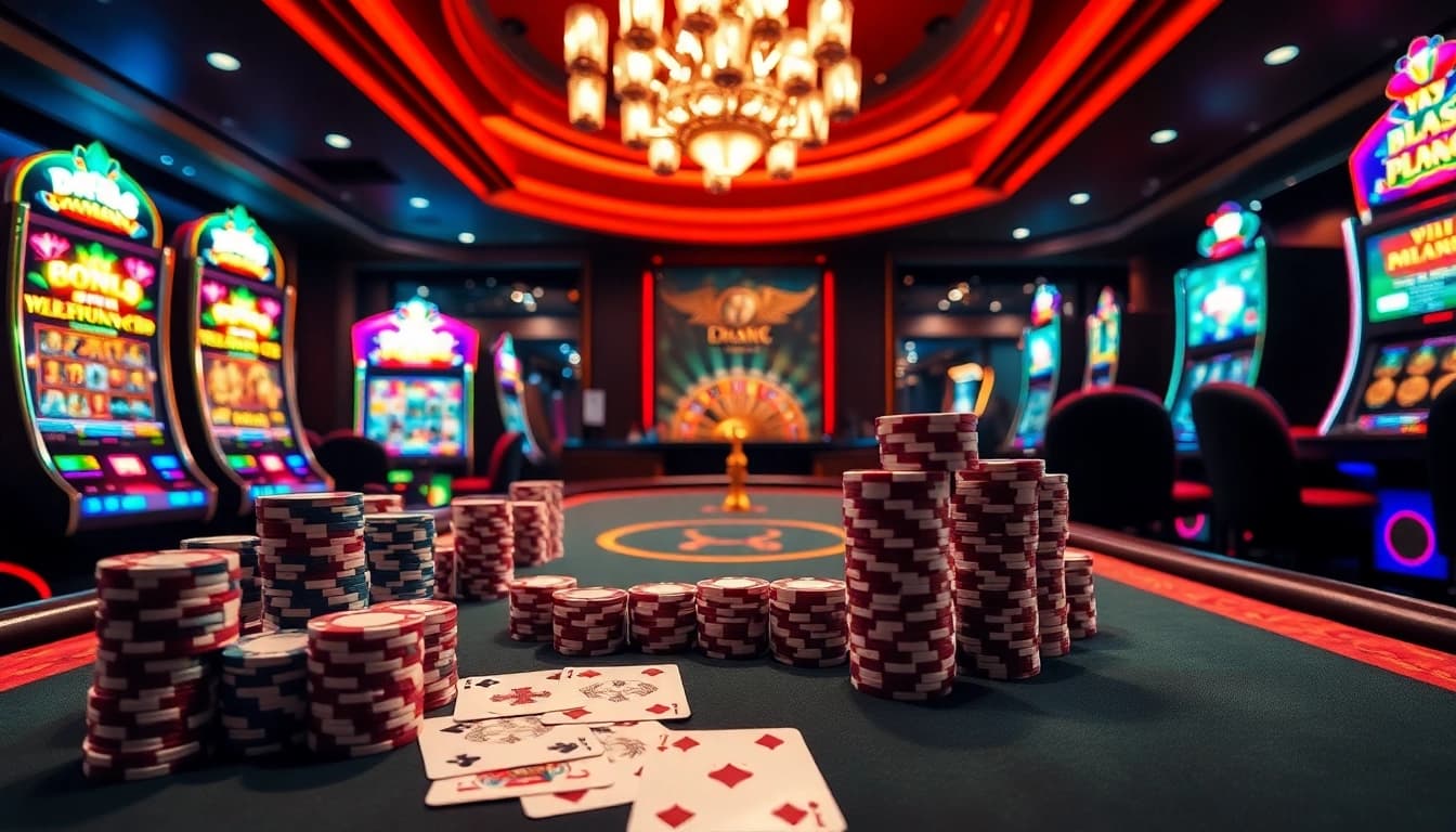 Gambling enthusiasts celebrating their wins at dr88 casino tables with vibrant poker chips and cards.