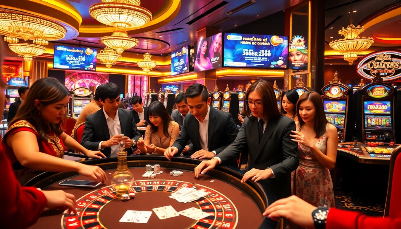 Engaging gaming scene illustrating Hướng dẫn DH88 strategies with players at casino tables.