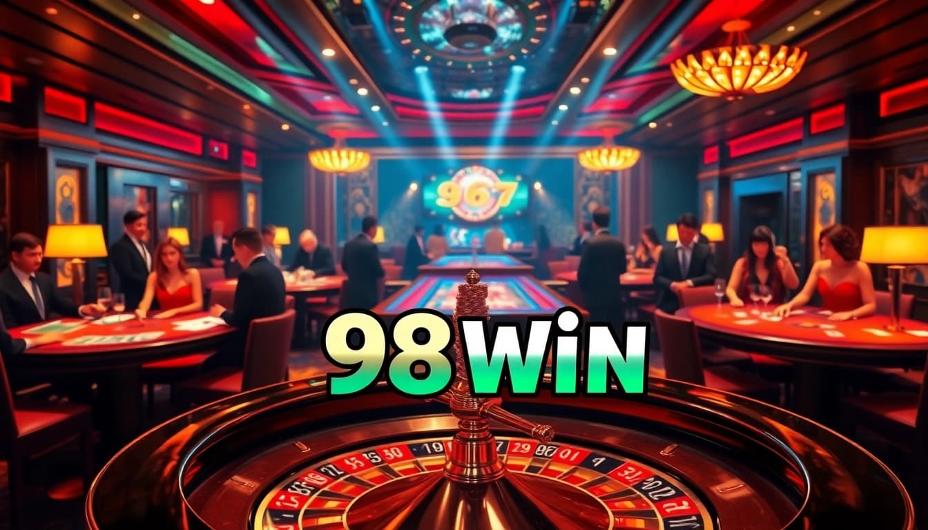 Experience the excitement at 98win casino featuring vibrant roulette tables and glamorous players.