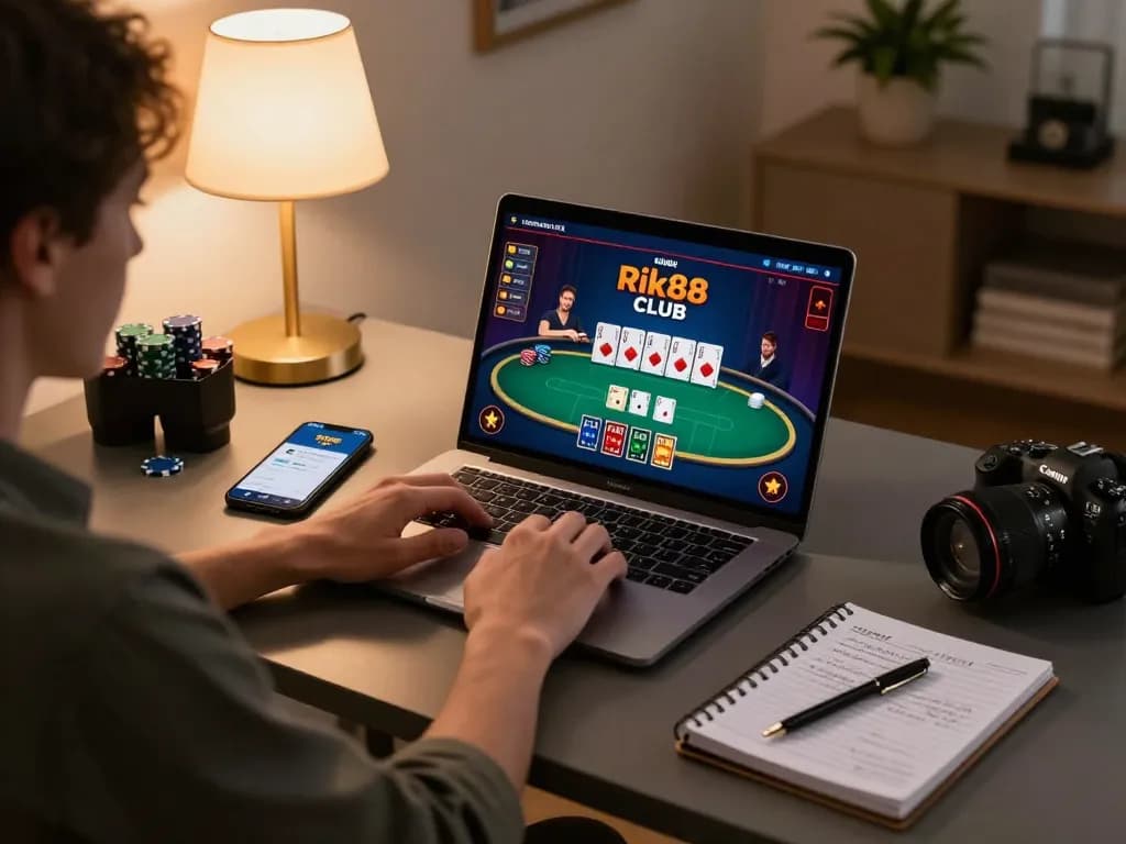 Engaged player strategizing at home in the rik88 club online casino, displaying poker game interface on laptop.