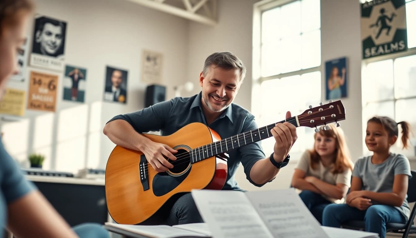 Engaging guitar lesson at https://guitarlessons.co.uk with a professional instructor and attentive students.