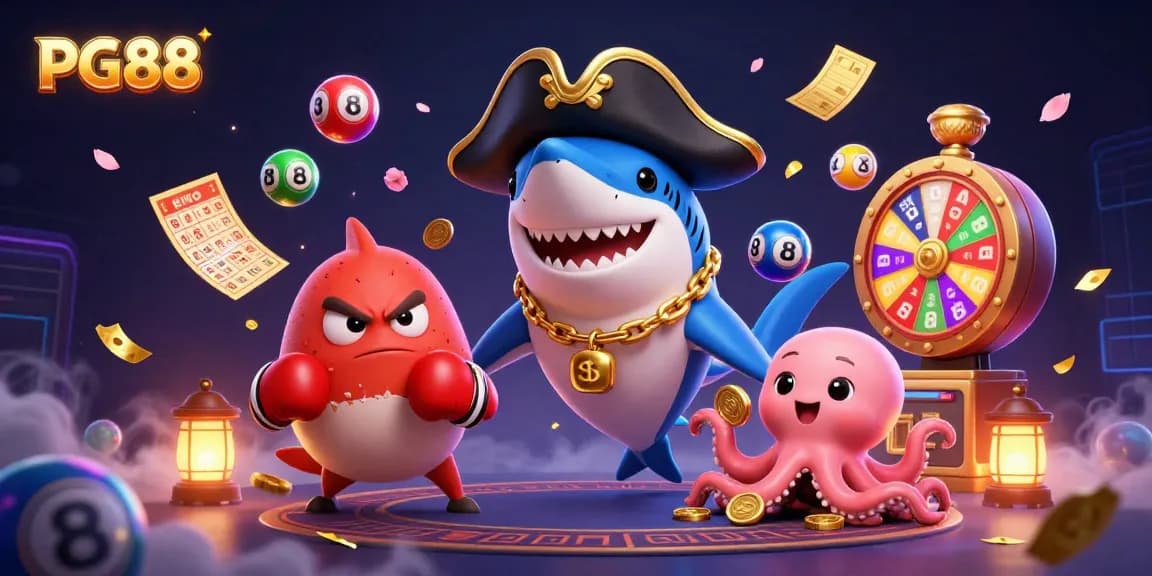PG88 brings thrilling fun with cartoon characters enjoying casino games and prizes in a lively scene.