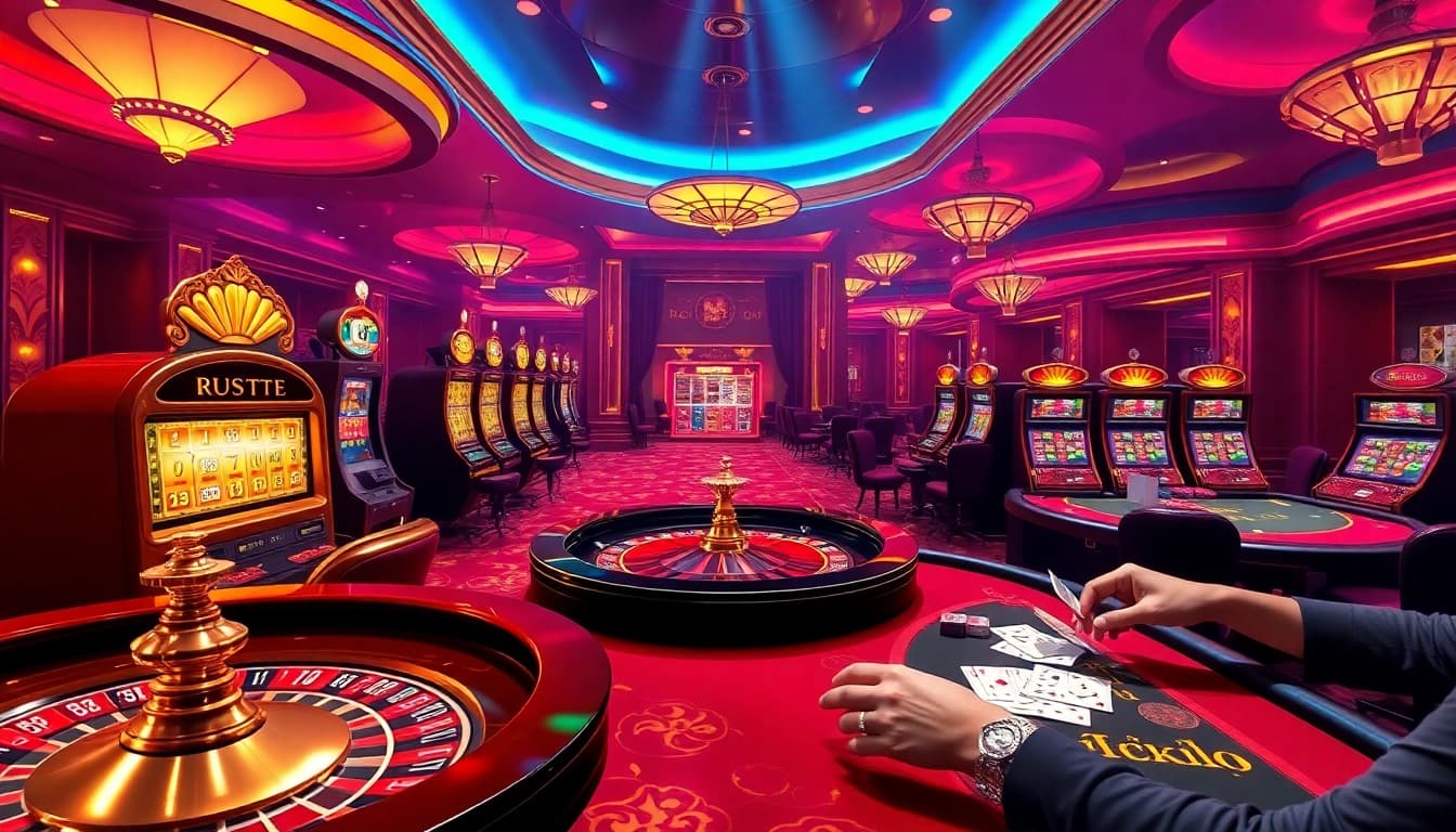 Engaging gambling experience on trang chủ mg188 with luxurious casino tables and vibrant slot machines.