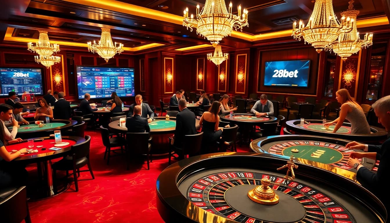 Exciting gambling action at 28bet casino tables with poker and roulette games.