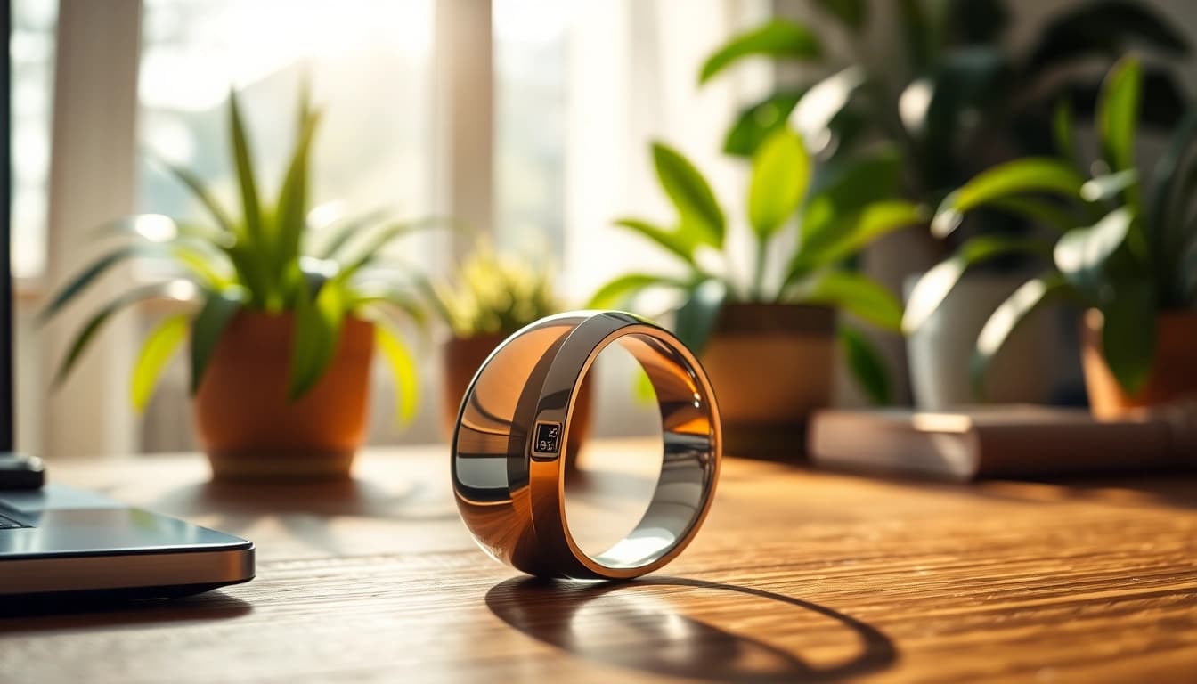 Showcase Ringconn smart ring on desk with elegant design and natural ambiance.