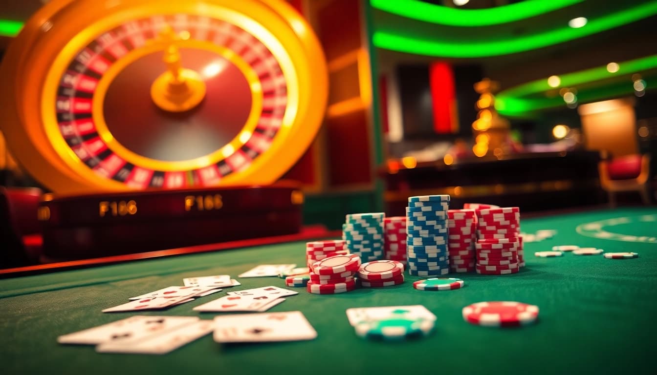 F168 offers an exciting casino experience with poker chips and roulette at its center.