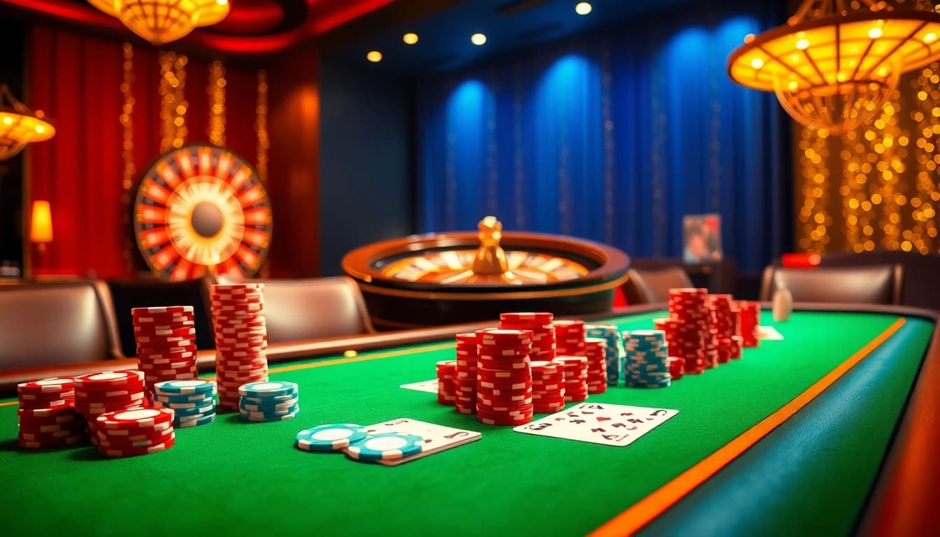 Experience the thrill of the casino with hay.win, showcasing poker chips and vibrant gaming tables for strategic play.