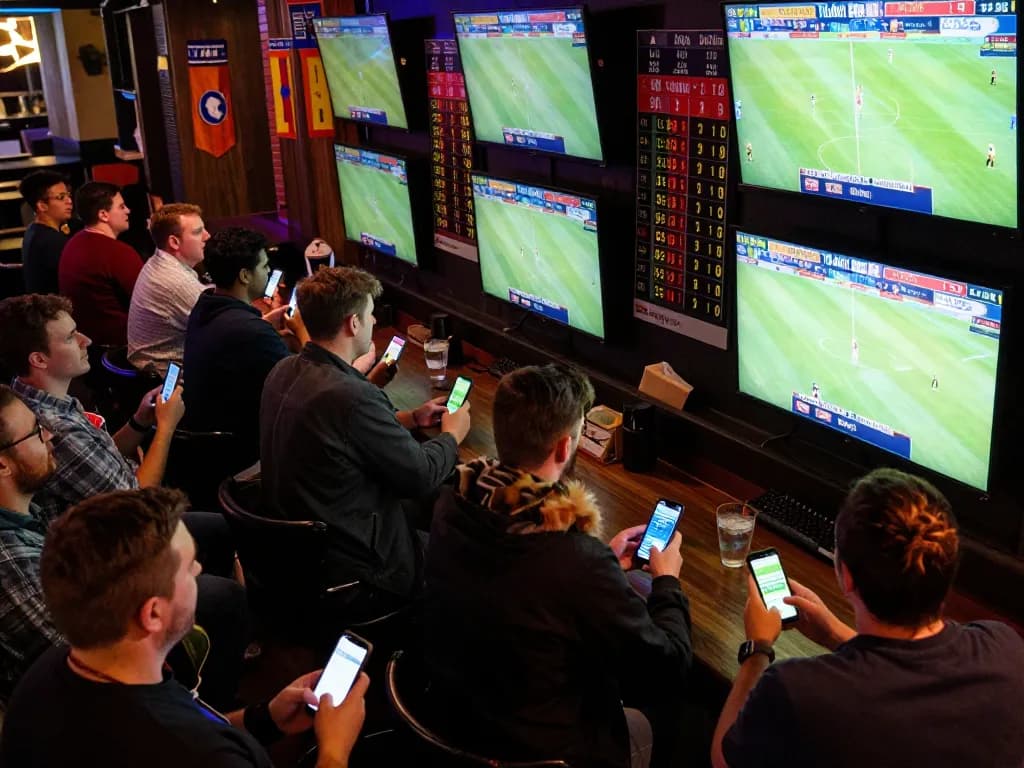 Kèo nhà cái offers live sports betting excitement with patrons engaging in betting apps at a lively bar.