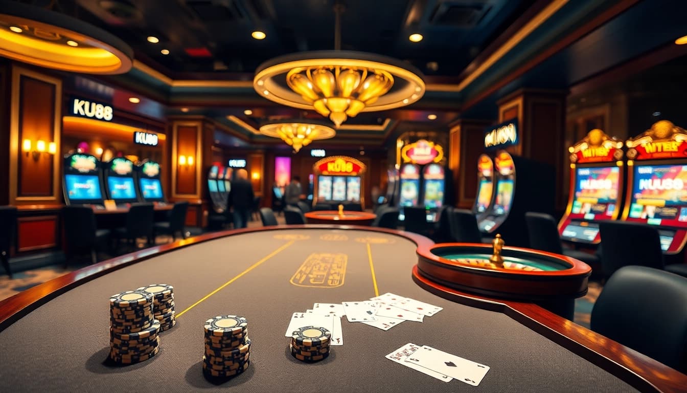 Experience the excitement of KU88 casino with lively poker tables and vibrant slot machines.