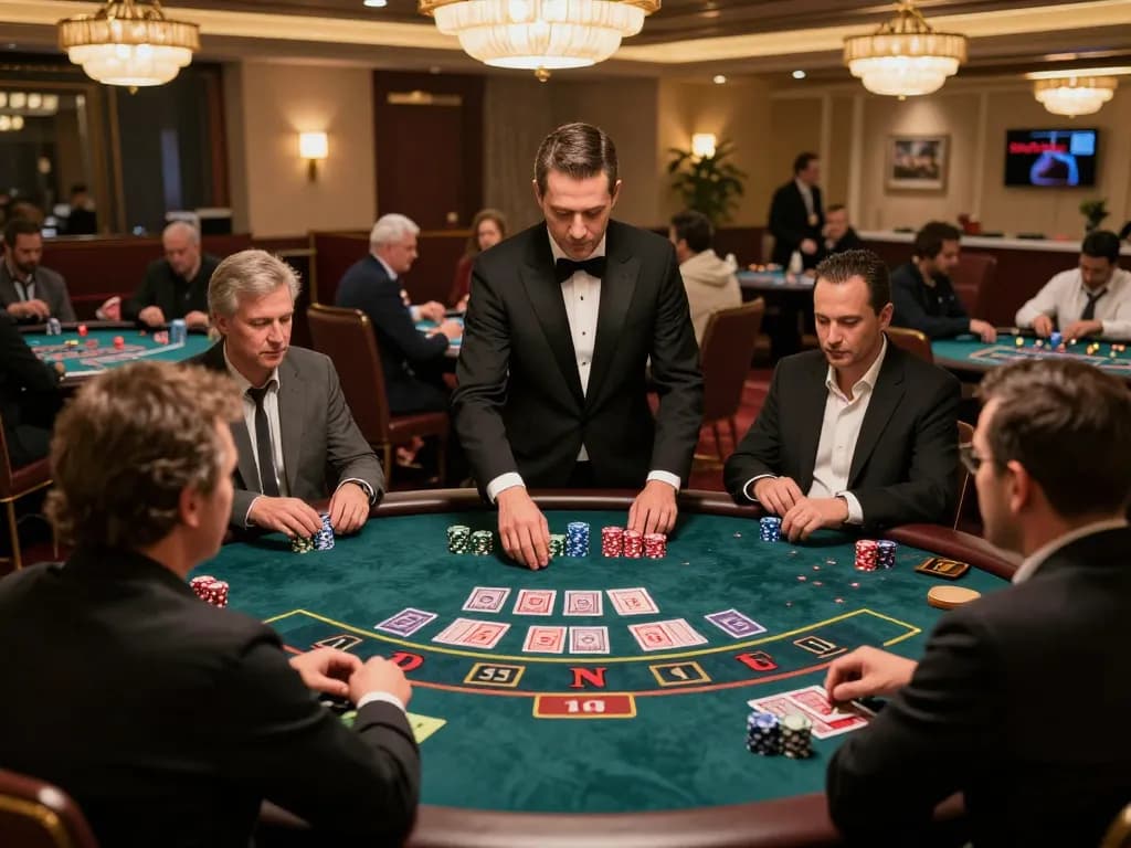 Players engaging in exciting live dealer games at NHÀ CÁI DA88, showcasing chips and cards in a luxurious casino setting.