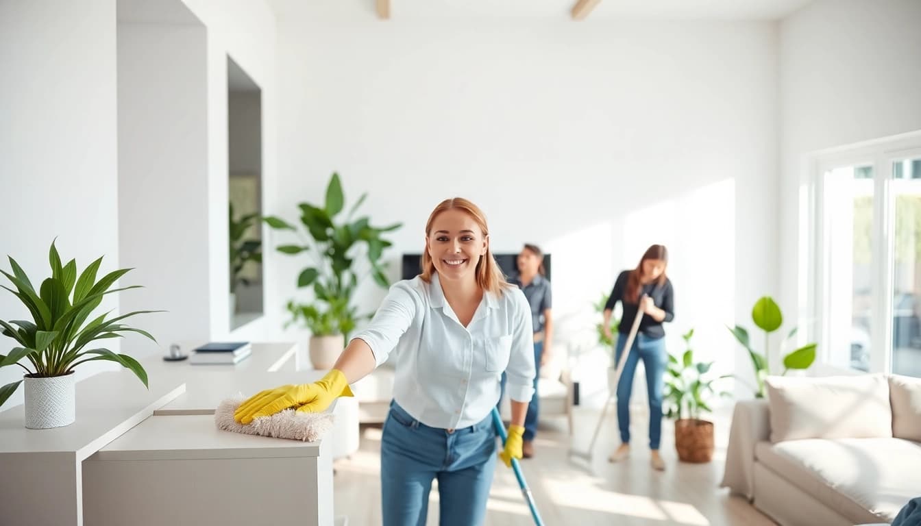 Showcasing cleaning services in action, a professional team meticulously dusting a bright home environment.