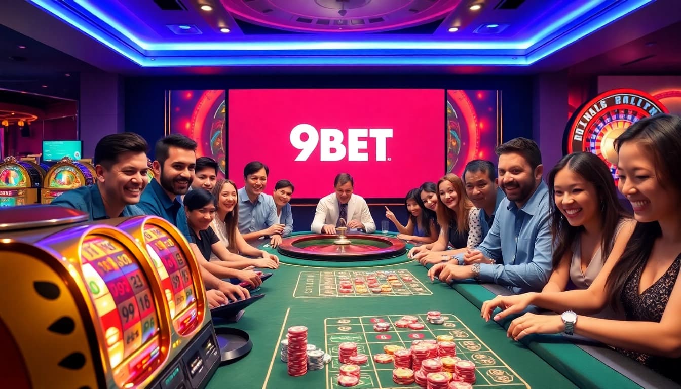 Excited players enjoy gaming at a casino table with 9BET branding, showcasing luxury and thrills.
