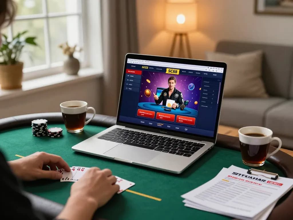 Engaged player using SC88 online casino platform to strategize poker game at home.