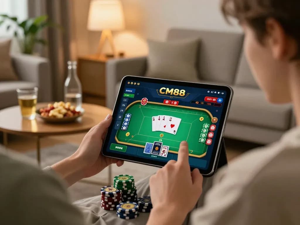 Engaging in online casino gaming on the CM88 app from a cozy home setup.