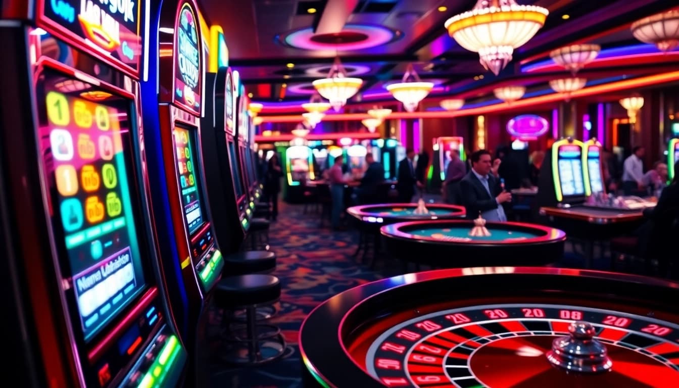 Memenangkan taruhan dengan vegas88 link pada mesin slot berwarna cerah dan lampu neon yang mencolok.