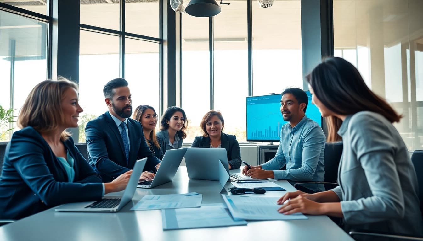 Engaged business team discussing Smsf strategies in a modern office.