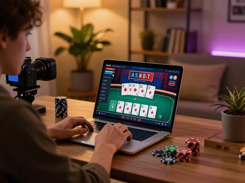 Player enjoying jae888 online poker game at a cozy home setup with laptop and strategy notes.