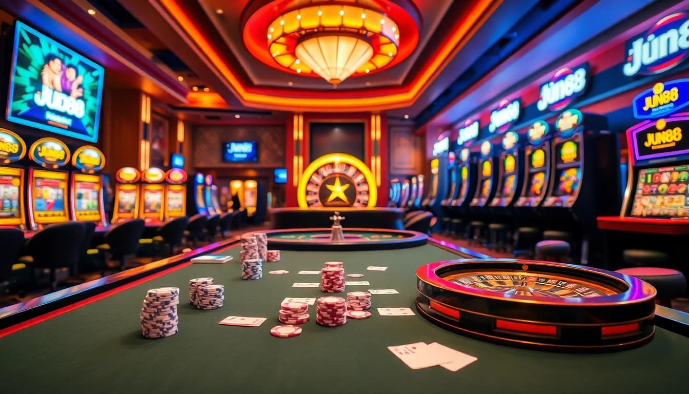 Players enjoying an exciting game at Jun88's vibrant casino scene with roulette and poker.